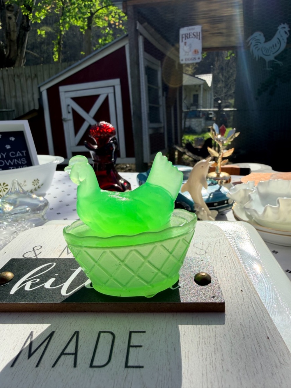 Green Hen on Nest Figurine